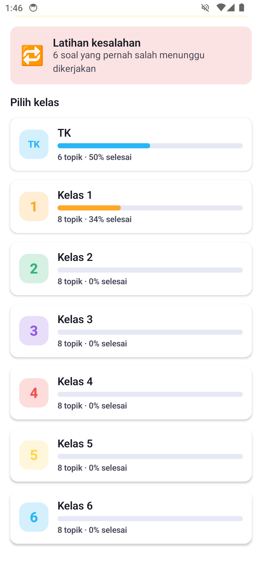 Layar pemilih kelas Monstermath: TK, Kelas 1 sampai Kelas 6, masing-masing dengan bilah kemajuan
