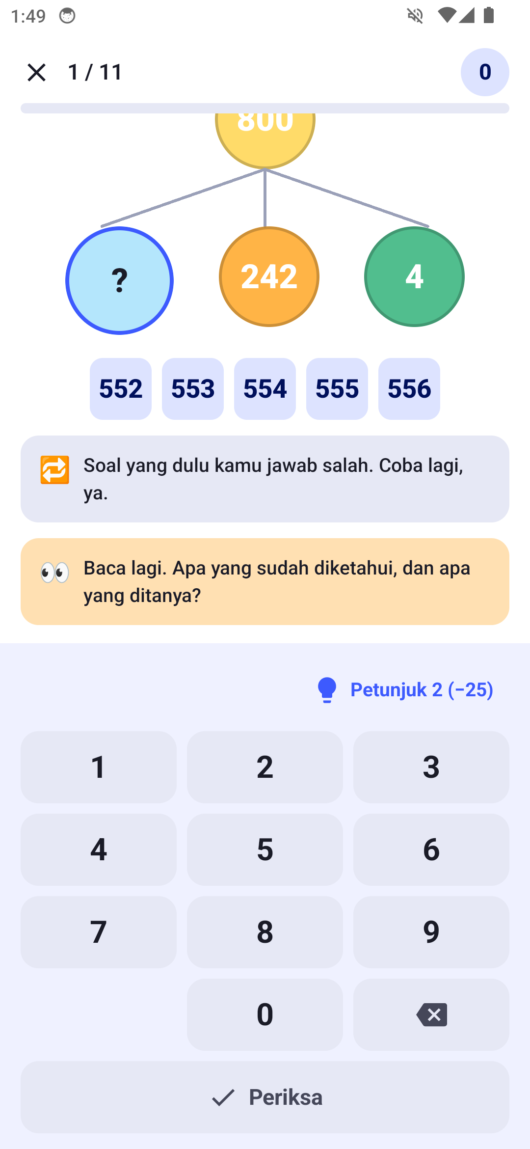 Petunjuk pertama terbuka berisi dorongan membaca ulang soal, dan tombol berikutnya menunjukkan Petunjuk 2 seharga minus 25