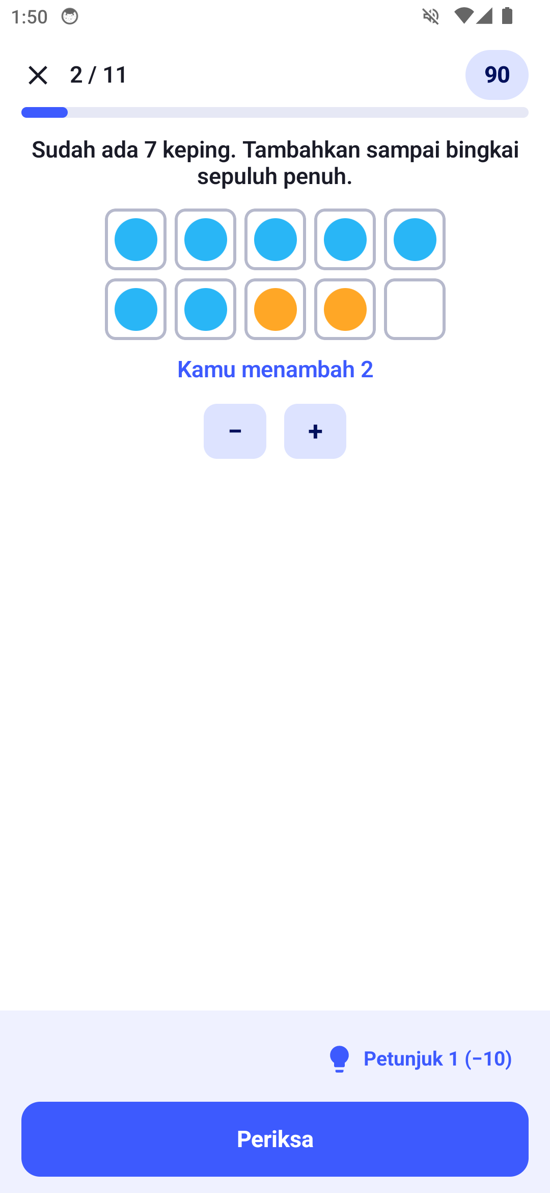Bingkai sepuluh: tujuh keping biru yang sudah ada, dua keping oranye yang baru ditambahkan anak, satu kotak masih kosong