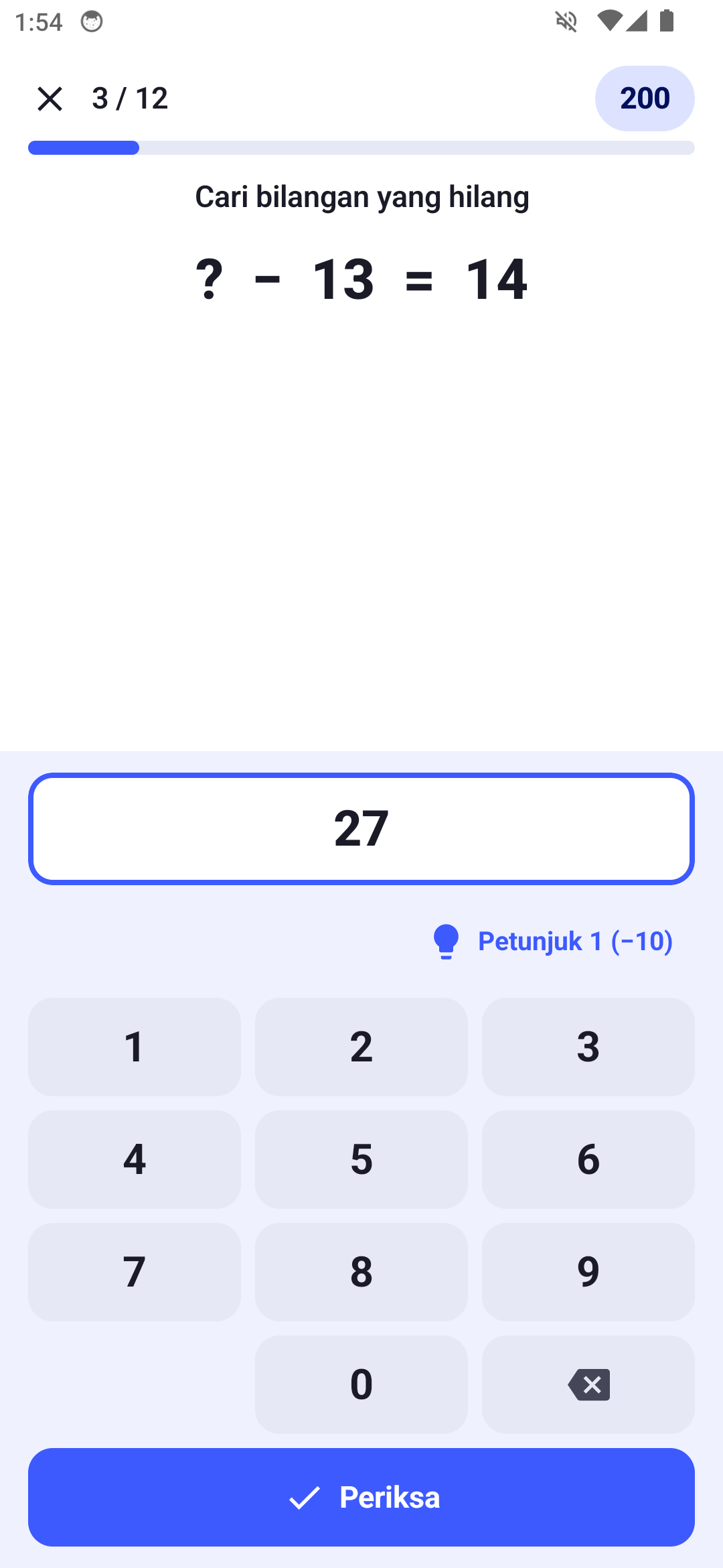 Soal cari bilangan yang hilang, tanda tanya kurang 13 sama dengan 14, dengan papan angka di bawahnya